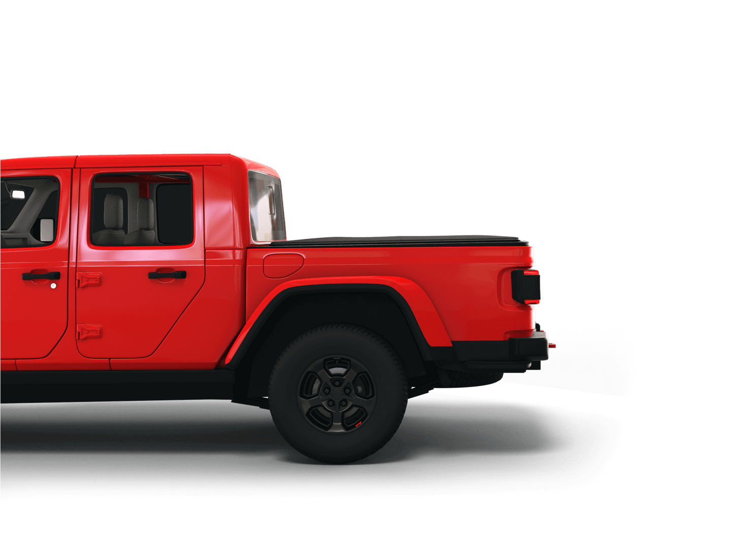 Red Jeep Gladiator with Sawtooth Stretch expandable tonneau cover laying flat